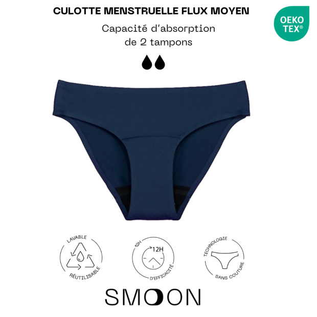 Culotte Menstruelle Sans Couture Flux Moyen Bleu Marine Xs