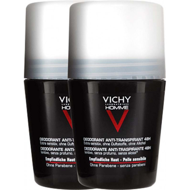 HOMME, Déodorant Peaux Sensibles. Lot de 2 Roll-on 50ml Vichy - Parashop