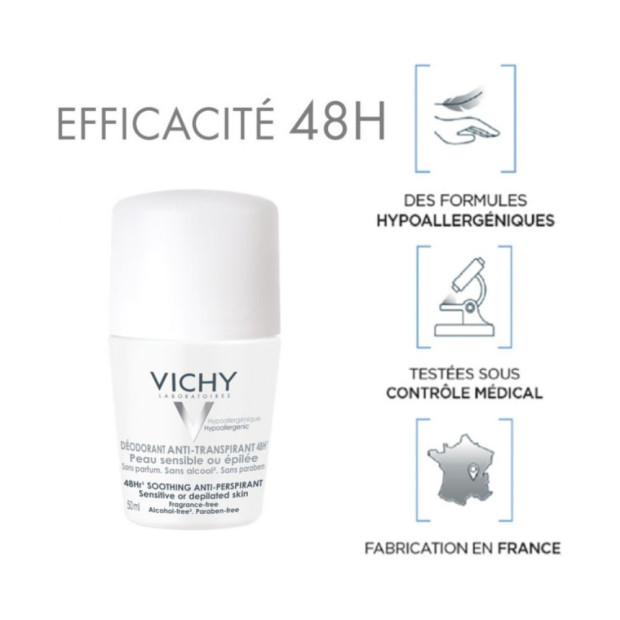 VICHY Déodorant Anti-Transpirant 48H Peaux Sensibles ou Epilées Roll-On, 50ml | Parashop.com