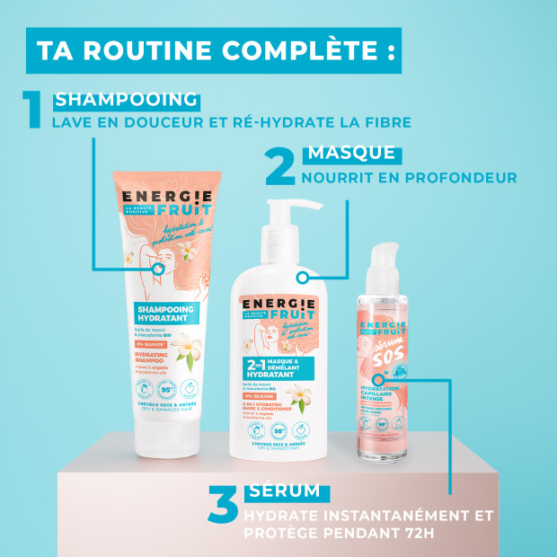 Masque 2-en-1 sans silicone cheveux abîmés monoï & huile de macadamia bio, 300ml Energie Fruit - Parashop